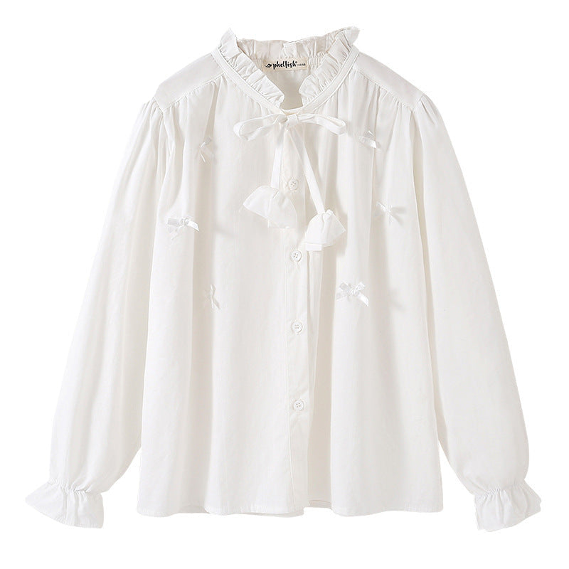 Girls White Cotton Stand Collar Shirt