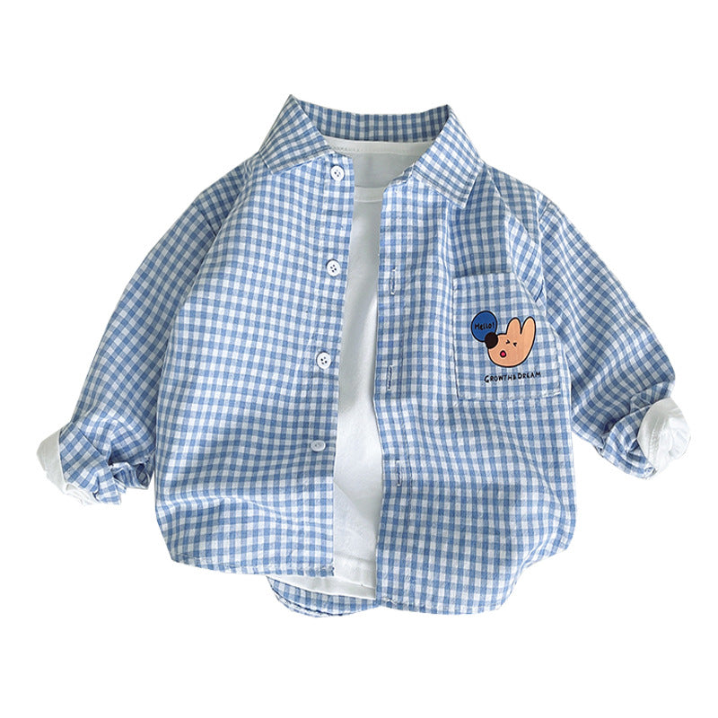 Boys Cartoon Plaid Long Sleeve Summer Shirt Trendy Kids