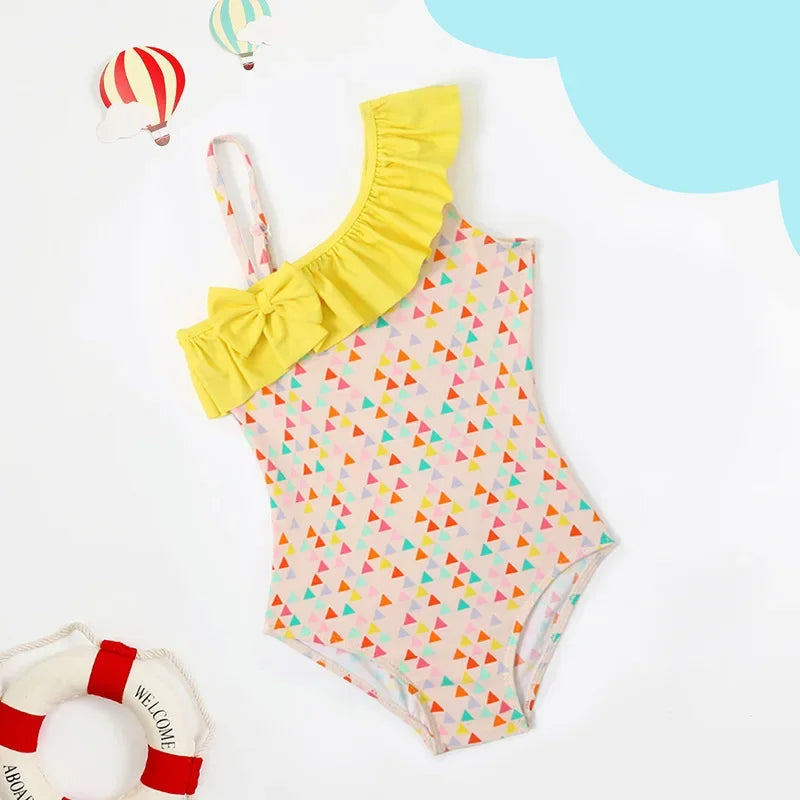 Girls’ One-Shoulder Floral Swimsuit – Quick-Dry & Cute