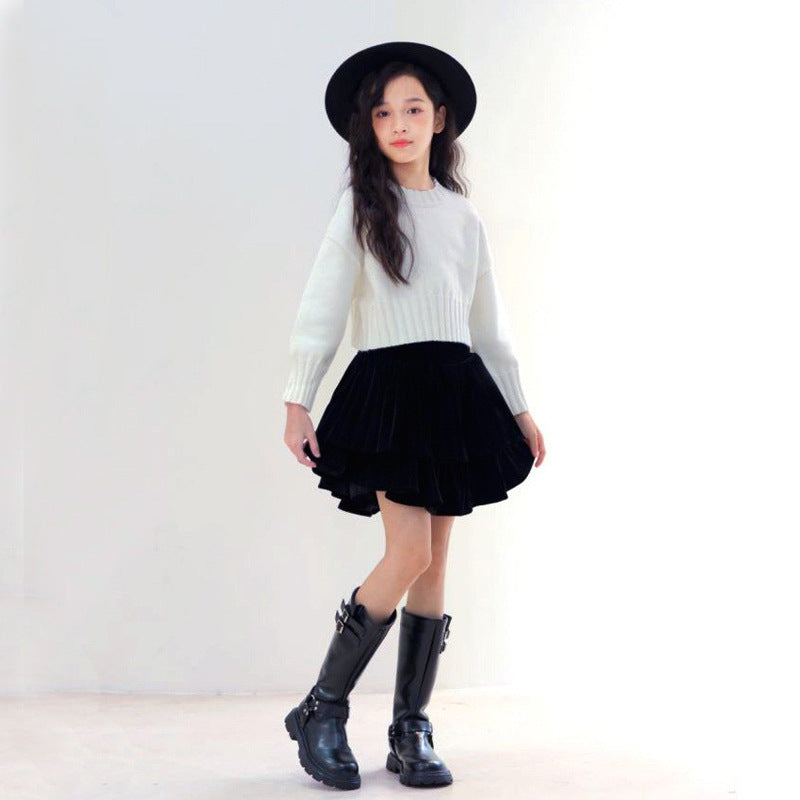 Girls Velvet A-Line Lotus Leaf Short Skirt Autumn Winter