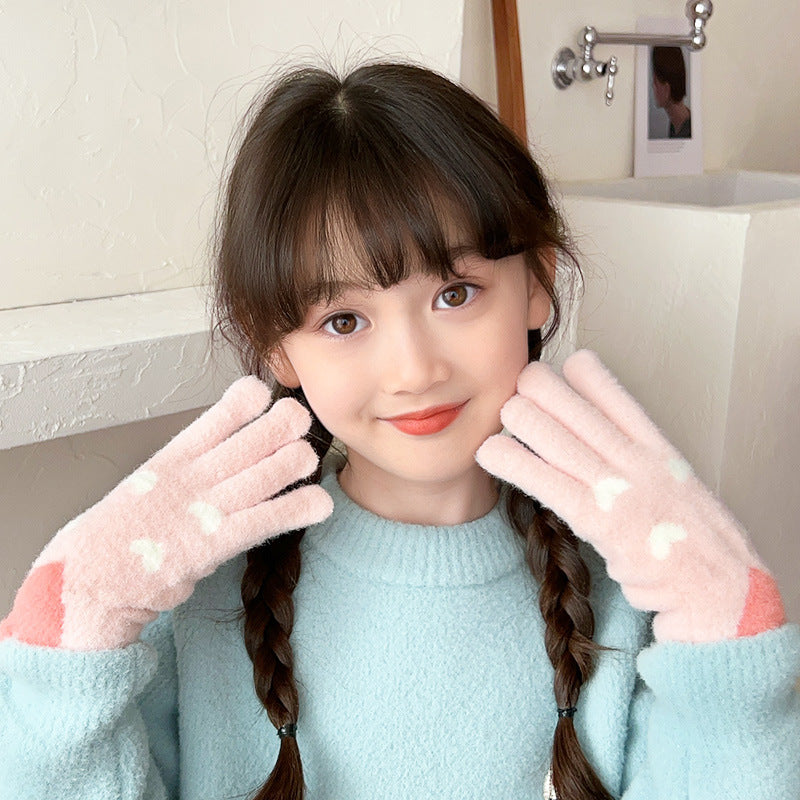 Children Autumn Winter Cartoon Five Finger Fleece Gloves Set