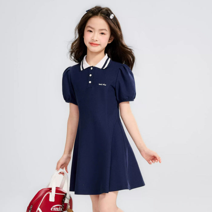 Girls Polo Collar Princess Dress Casual Summer Short Sleeve