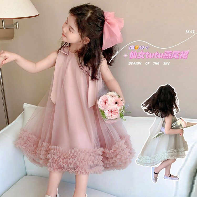 Girls' Sleeveless Bow Princess Dress Summer Mesh Gown