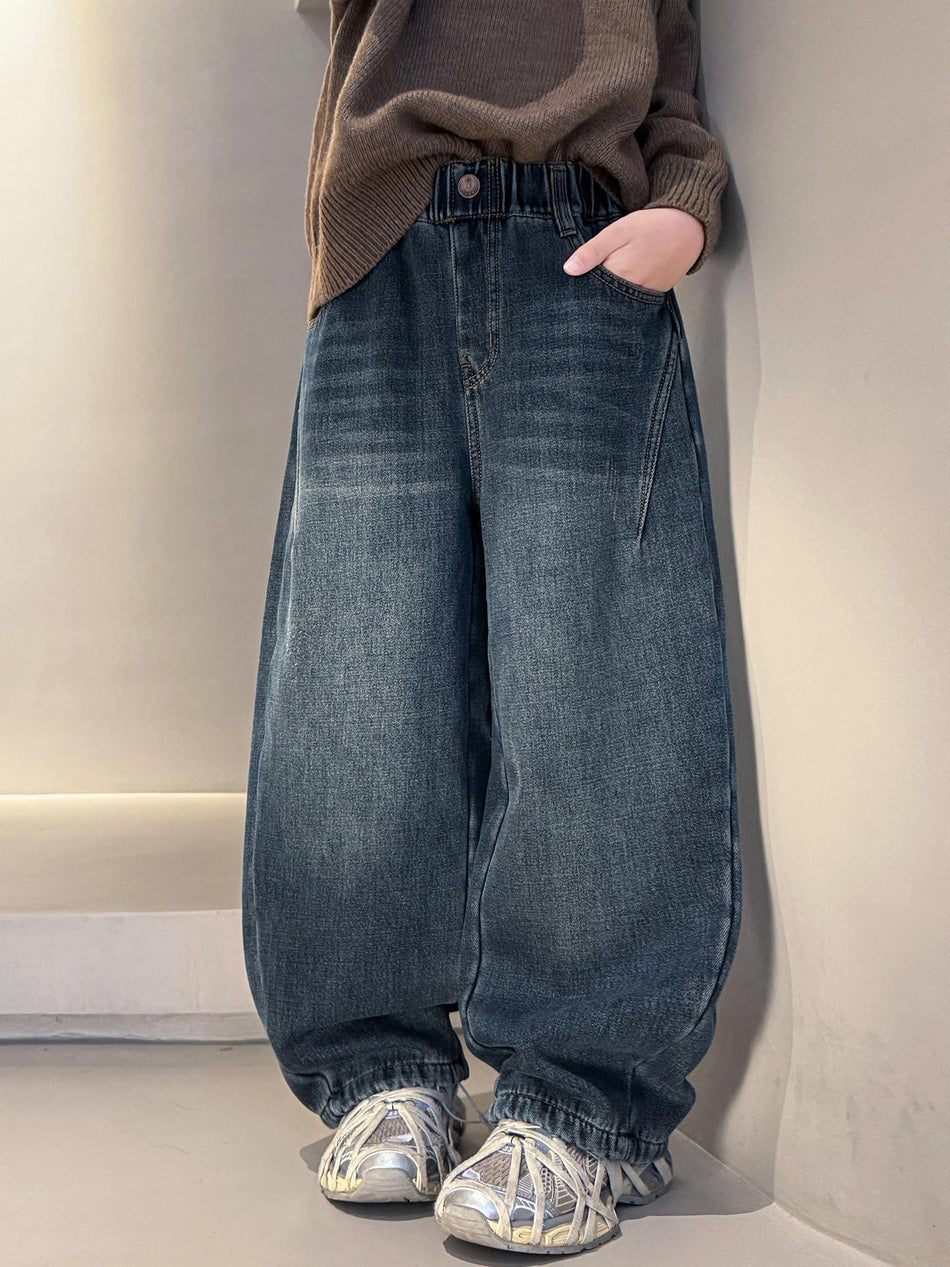 Boys’ Winter Fleece Jeans Thickened Casual Pants