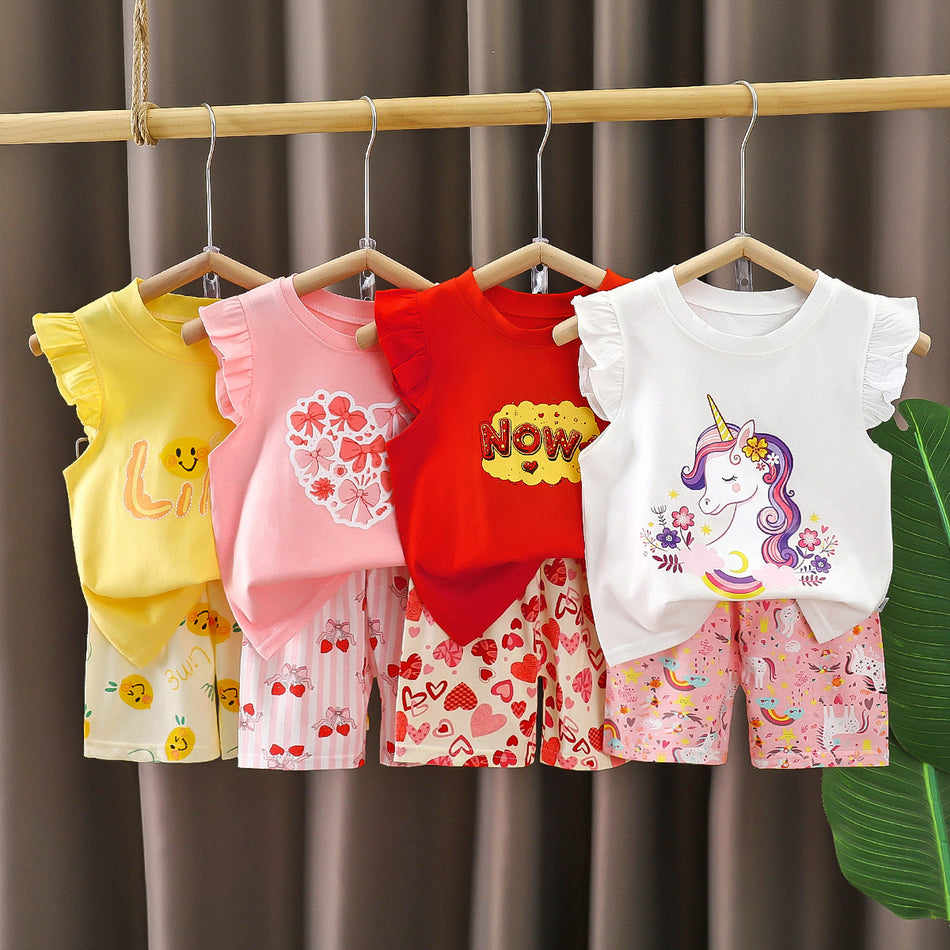 2025 Girls Cotton Summer Two-Piece Flying Sleeve Suit Set