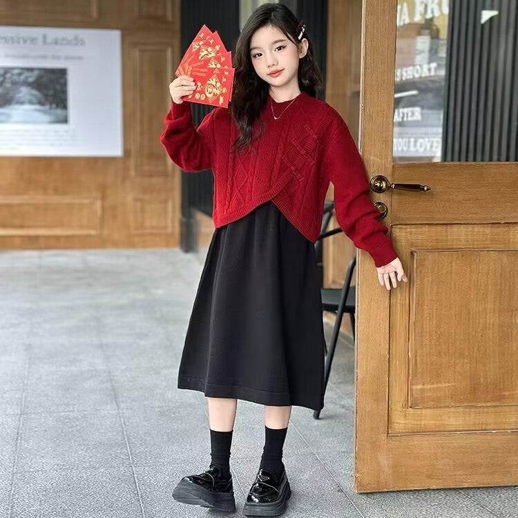 Girls Festive Two-Piece Sweater & Vest Skirt