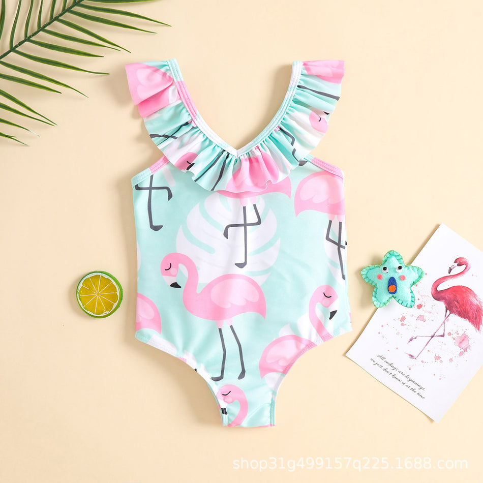 Flamingo Print Girls’ Swimsuit – Cute V-Neck Beachwear