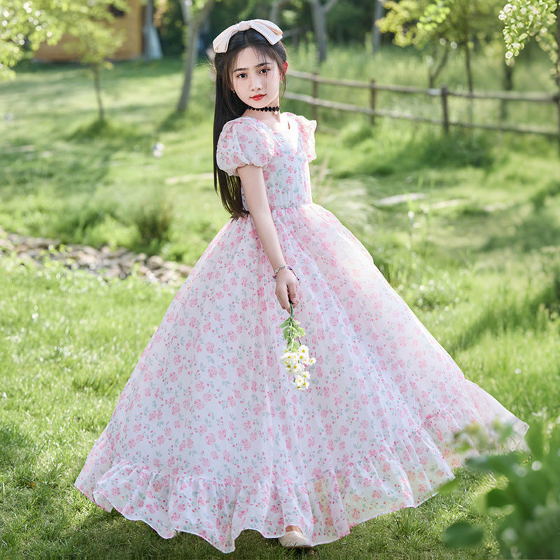 Girls Summer Floral Chiffon Dress Sweet Beach Style Skirt