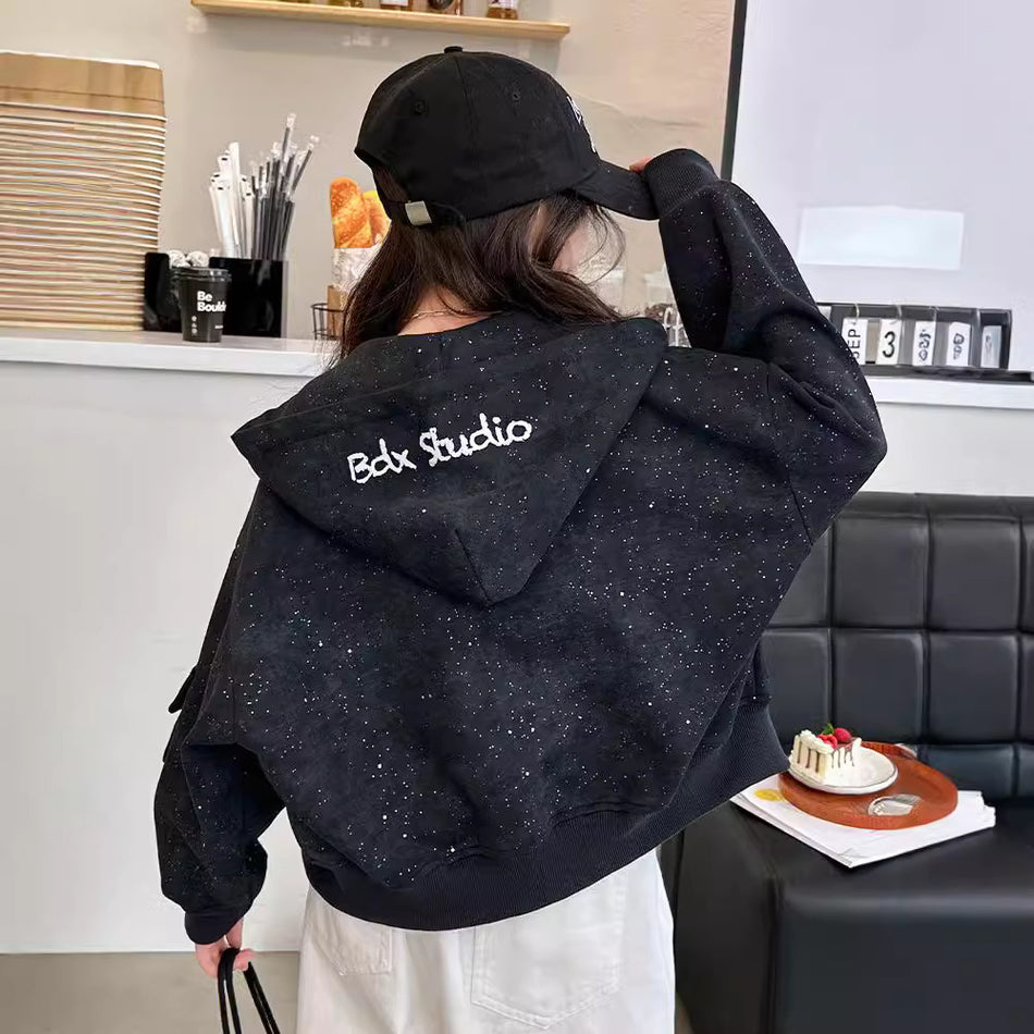 Girls’ Sparkling Letter Hoodie – Stylish Autumn Zipper Jacket