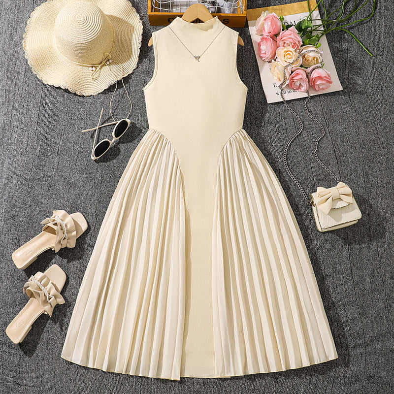 Girls Stand-Up Collar Pleated Sleeveless Summer Long Dress--