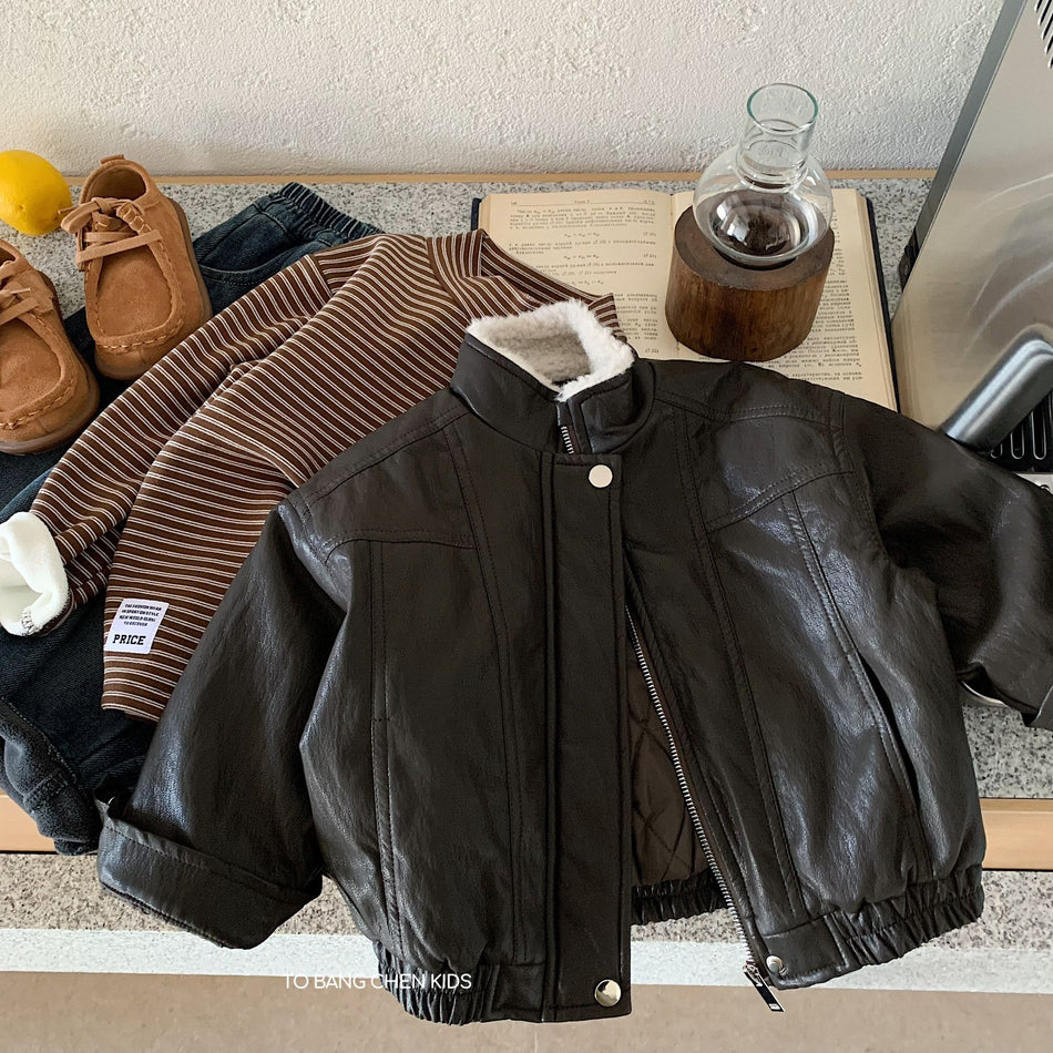 Kids Thickened Leather Padded Winter Jacket