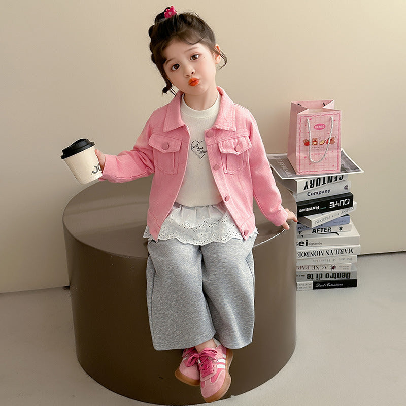 Girls Pink Denim Jacket 2025 Korean Princess Autumn Coat