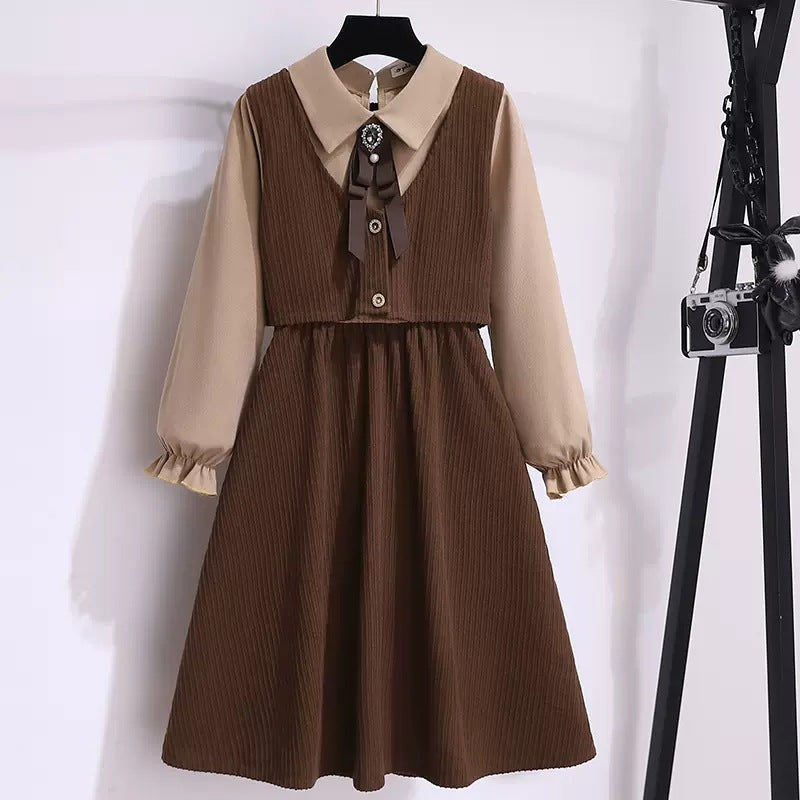 Girls’ Preppy Lapel Two-Piece Style Dress