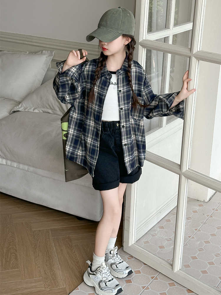 Girls' Plaid Shirt Long Sleeve 2025 Spring Autumn Top