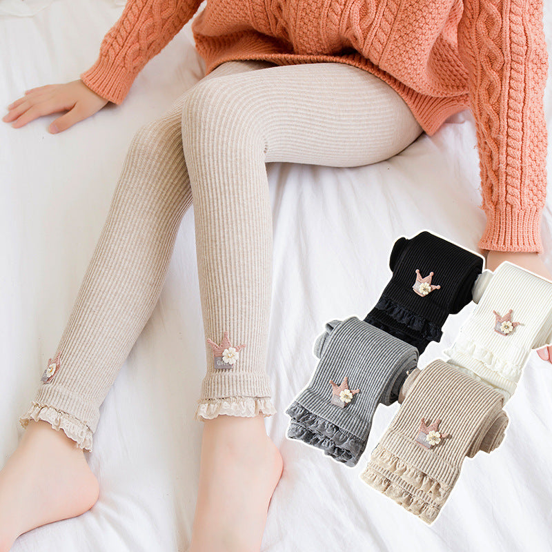 Girls’ Autumn Cotton Leggings – Soft Crown Design Pants