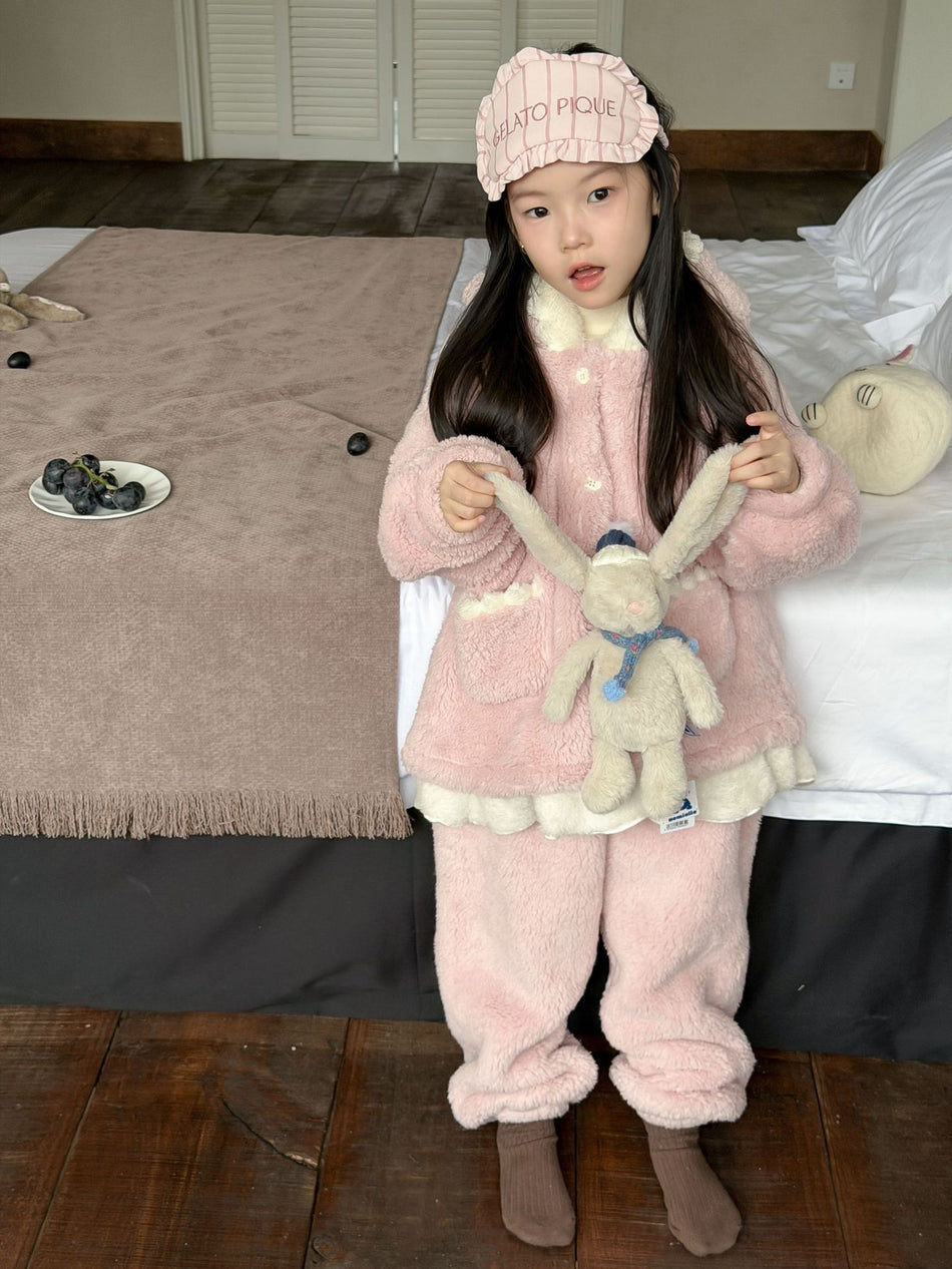 Girls Pink Plush Pajama Set with Bow – Winter Home Wear