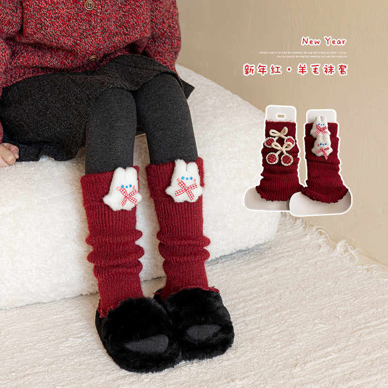 Girls Thickened Red Festive Pile Socks Warm Lucky Calf
