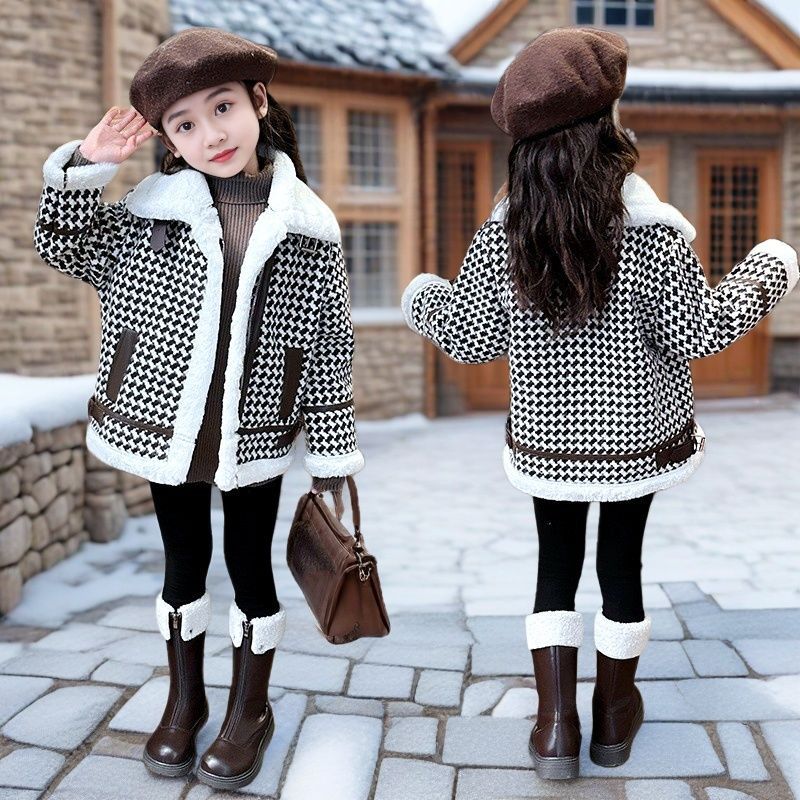 Girls’ 2024 Winter Coat – Chanel Style Houndstooth