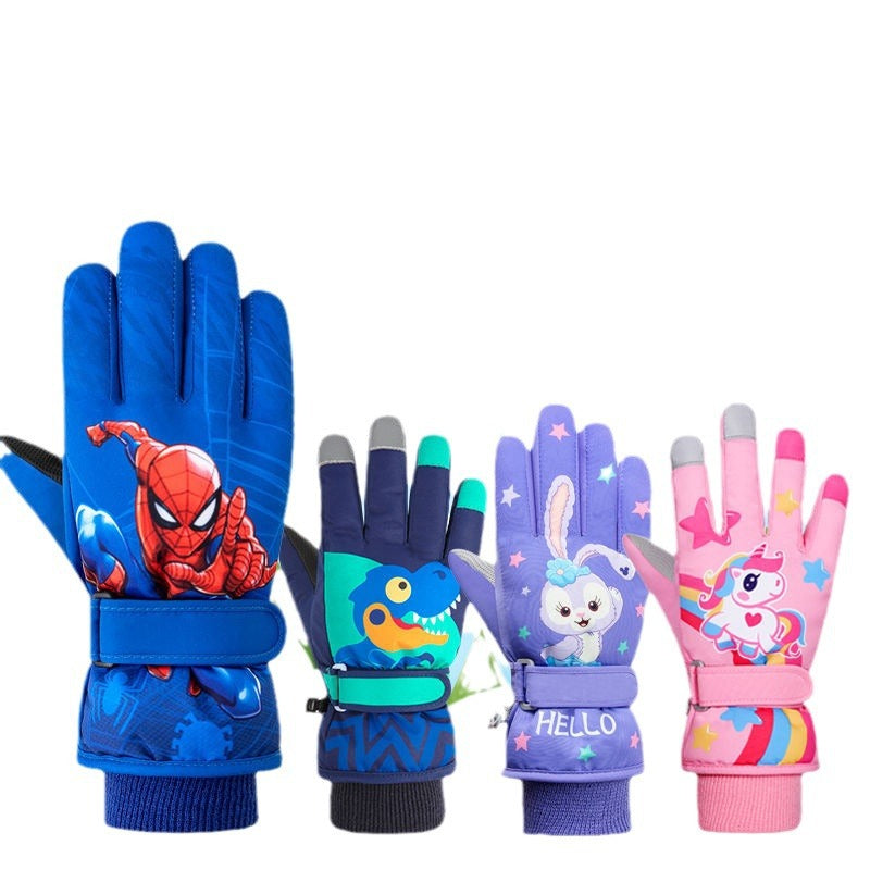 Kids Ski Gloves Waterproof Warm Fleece-Lined Cartoon Gloves