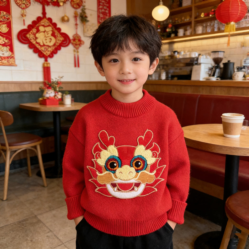 Girls Fleece-Lined Red Winter Sweater – New Year 2025