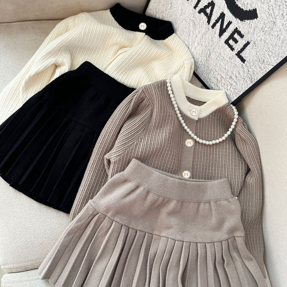 Girls’ Autumn Knitted Sweater & Skirt Two-Piece Set