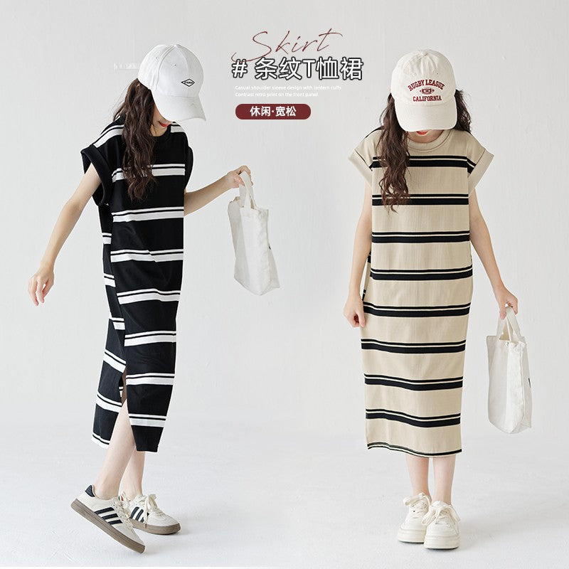 Girls' Striped Summer Long Dress – Korean Style T-Shirt Skirt
