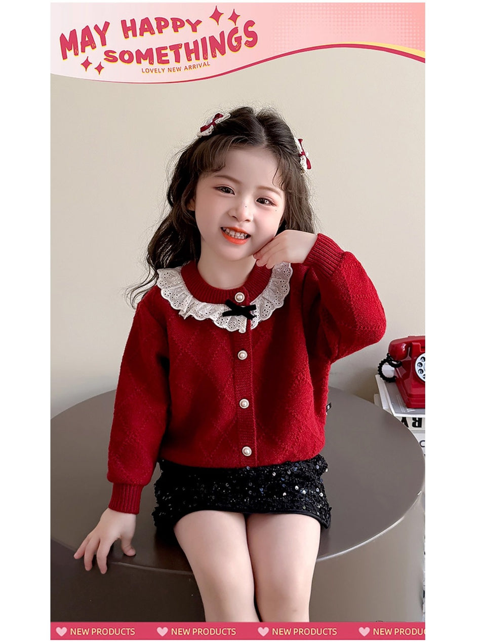 Girls’ Korean Red Knitted Cardigan