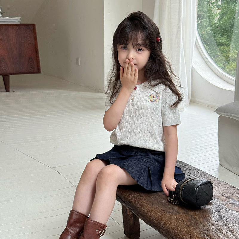 Girls’ Knitted Short-Sleeve POLO T-Shirt Letter Embroidery