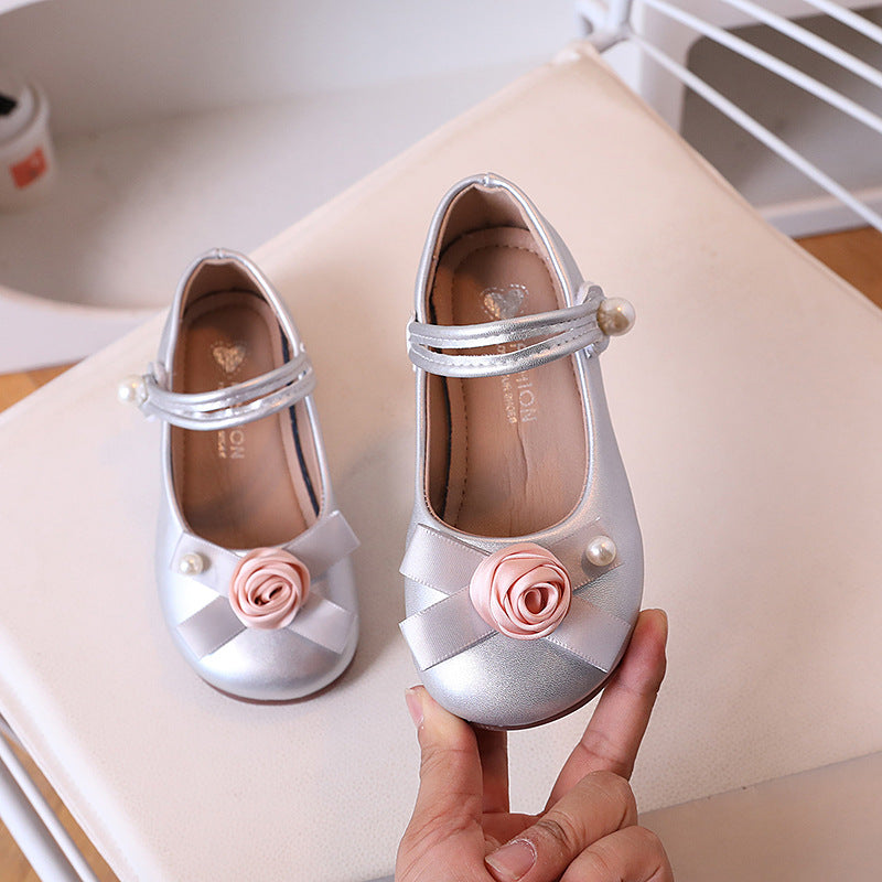 Girls Floral Pearl Leather Princess Performance Dress Shoes