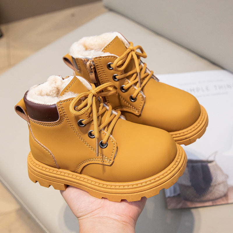 Kids’ Warm Leather Martin Boots – Winter Cotton Shoes