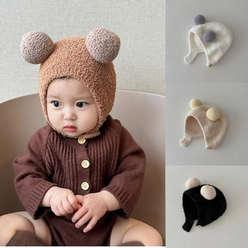 Korean-Style Baby Earmuffs Hat – Warm Double-Ball Cap