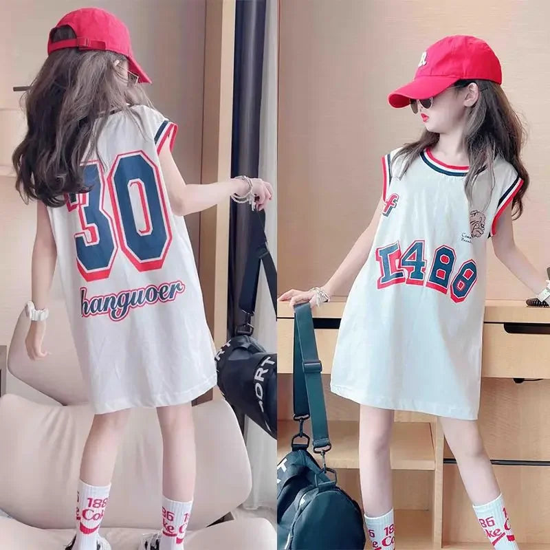 Girls’ Ice Silk Dress – 2024 Summer Vacation T-Shirt Dress