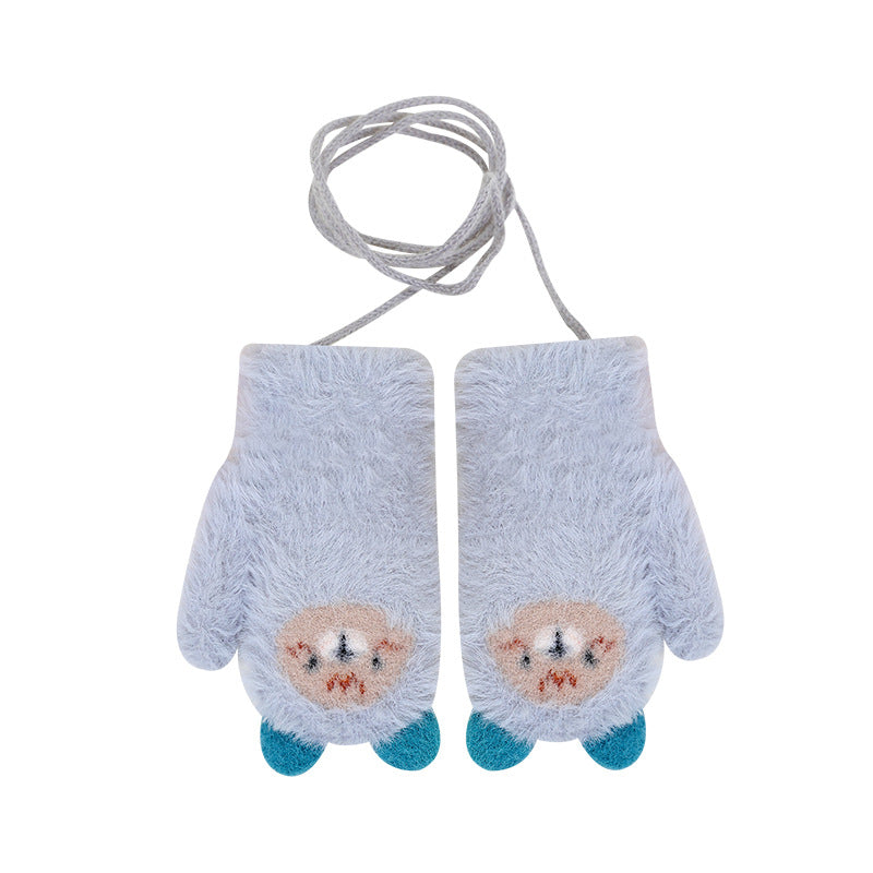 Kids Autumn & Winter Plush Gloves with Lanyard Warm