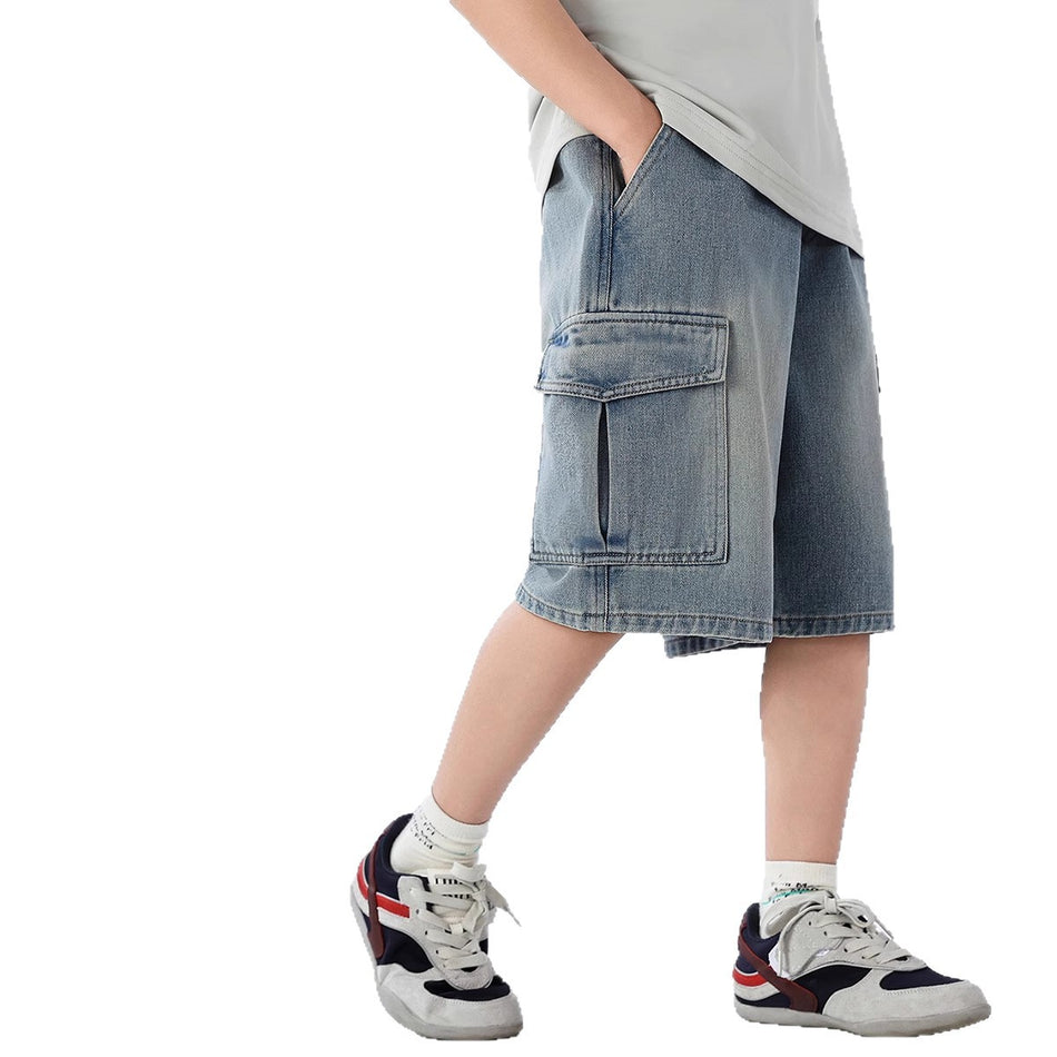 Boys Cargo Denim Knee Length Shorts Summer American Style