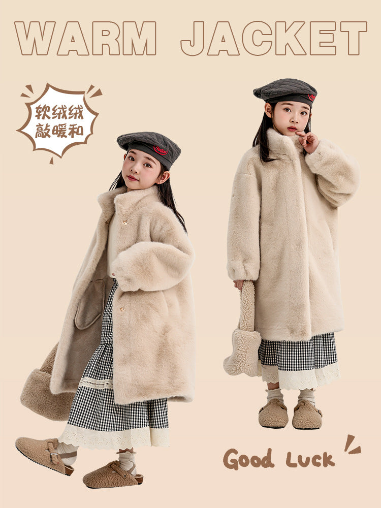 Girls Long Imitation Fur Coat Plush Thickened Warm Mink