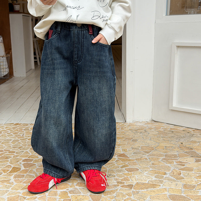 Children’s Retro Fleece-Lined Washed Denim Pants