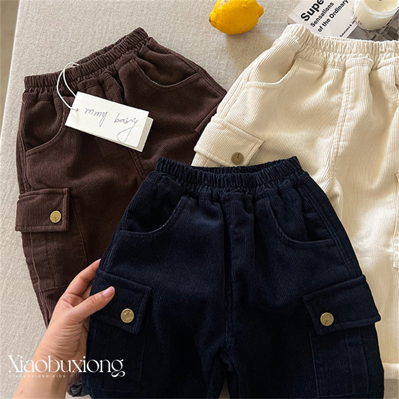 Kids Corduroy Wide Leg Pants 2024 Winter Fleece Warm Trousers