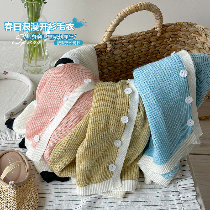 Girls’ Knitted Cardigan – Autumn Color-Block Wool Sweater