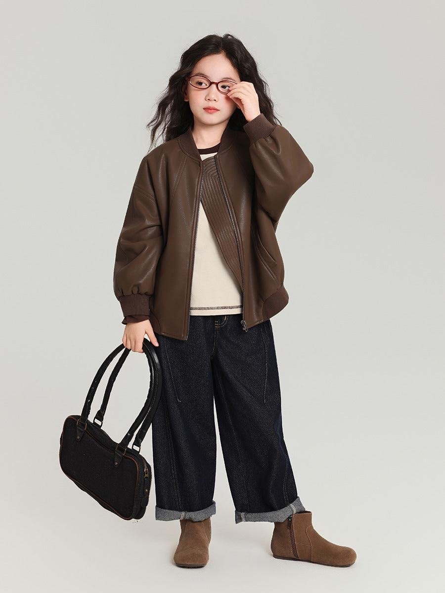 Pudding Haru Girls’ PU Leather Jacket 2025 Autumn Trendy Cool Style