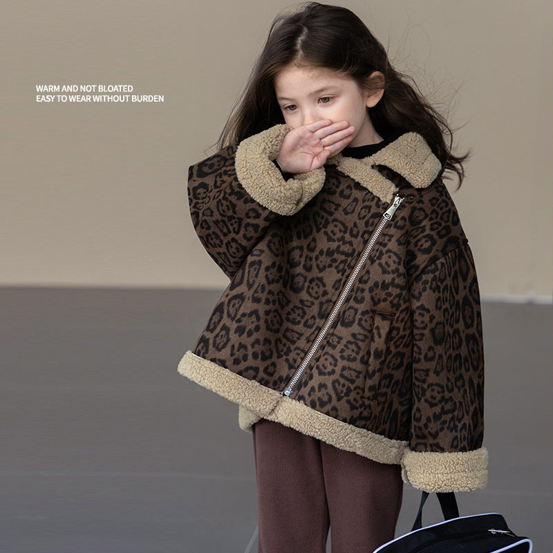 Girls’ Leopard Print Jacket – Warm Fleece Winter Coat