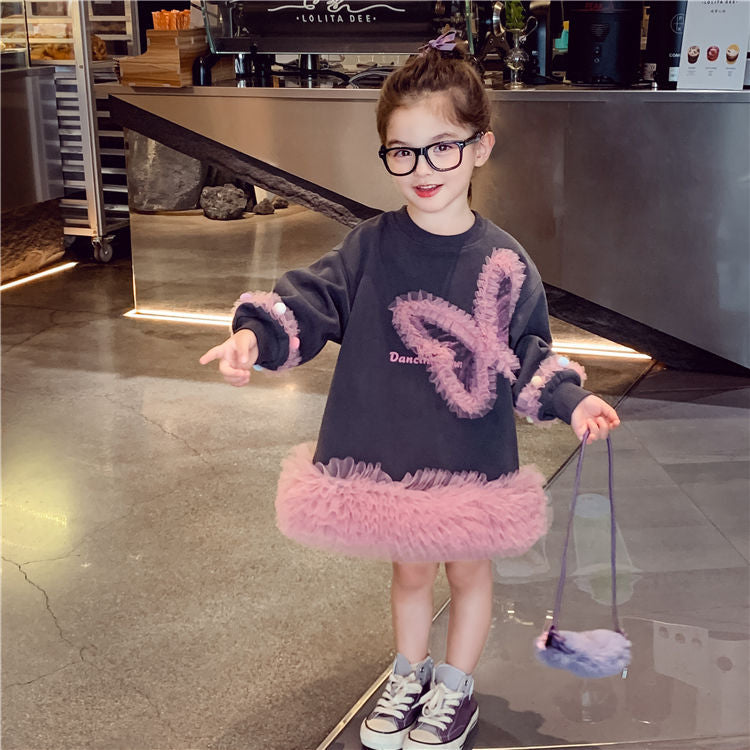 2025 Girls’ Autumn Sweater Dress – Mesh Princess Style