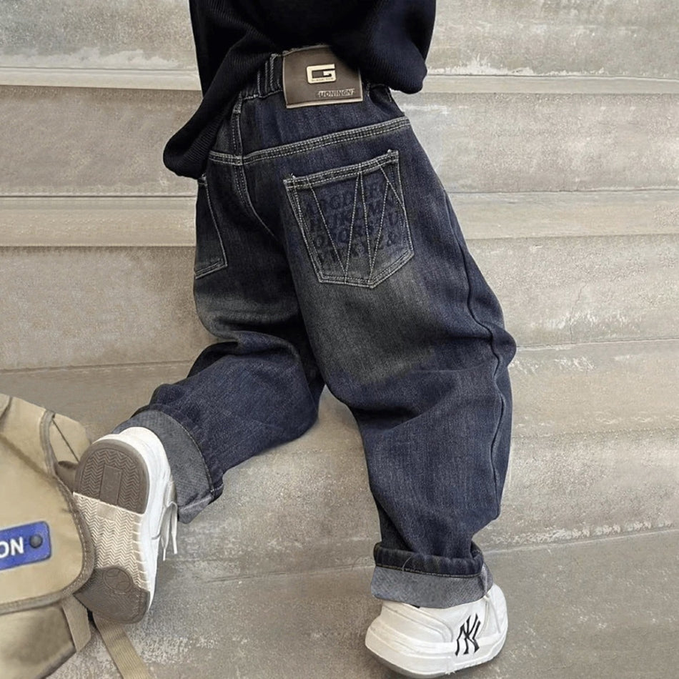 Boys Fleece Lined Jeans Spring Autumn Loose Long Pants