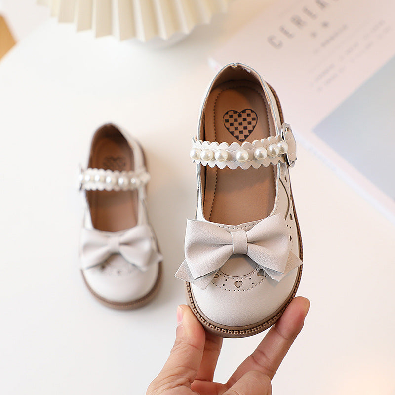 Girls Bow Pearl Leather Princess Shoes Elegant Dress Flats