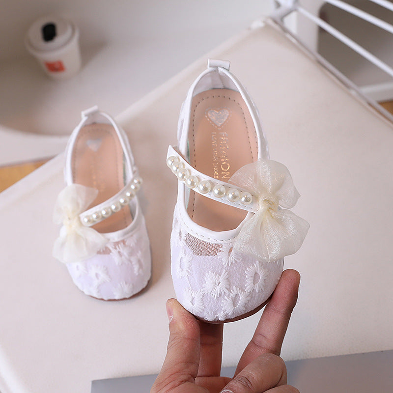 Girls Mesh Bow Pearl Princess Shoes Breathable Summer Flats