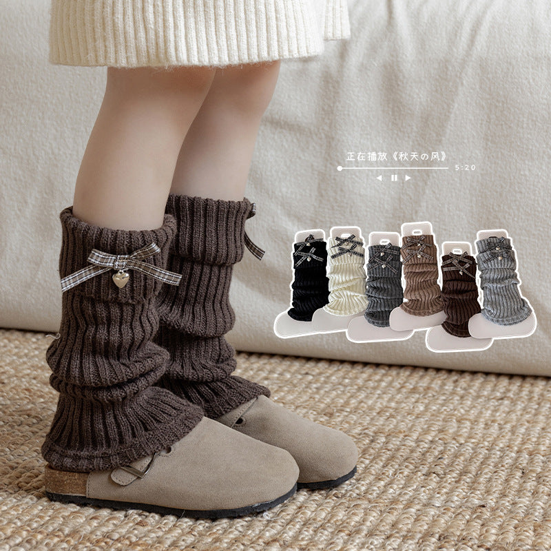 Girls Retro Plaid Bow Wool Knitted Warm Calf Socks Kid