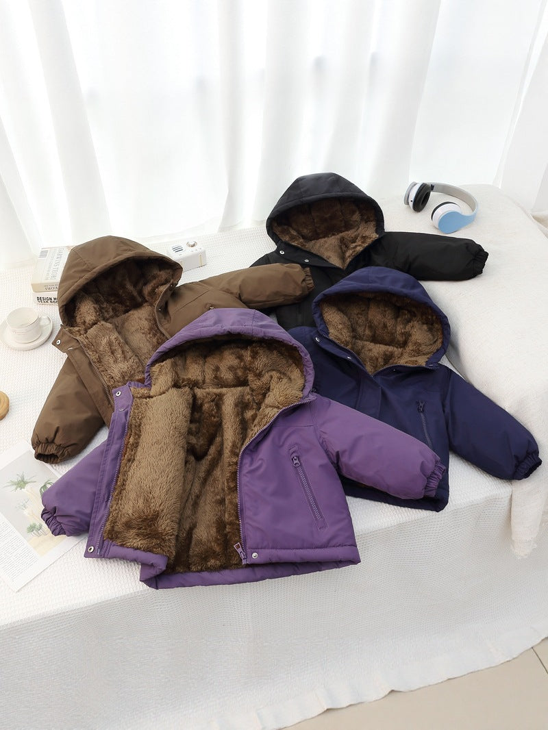 Kids’ Hooded Velvet Cotton Jacket – Winter Warm Coat