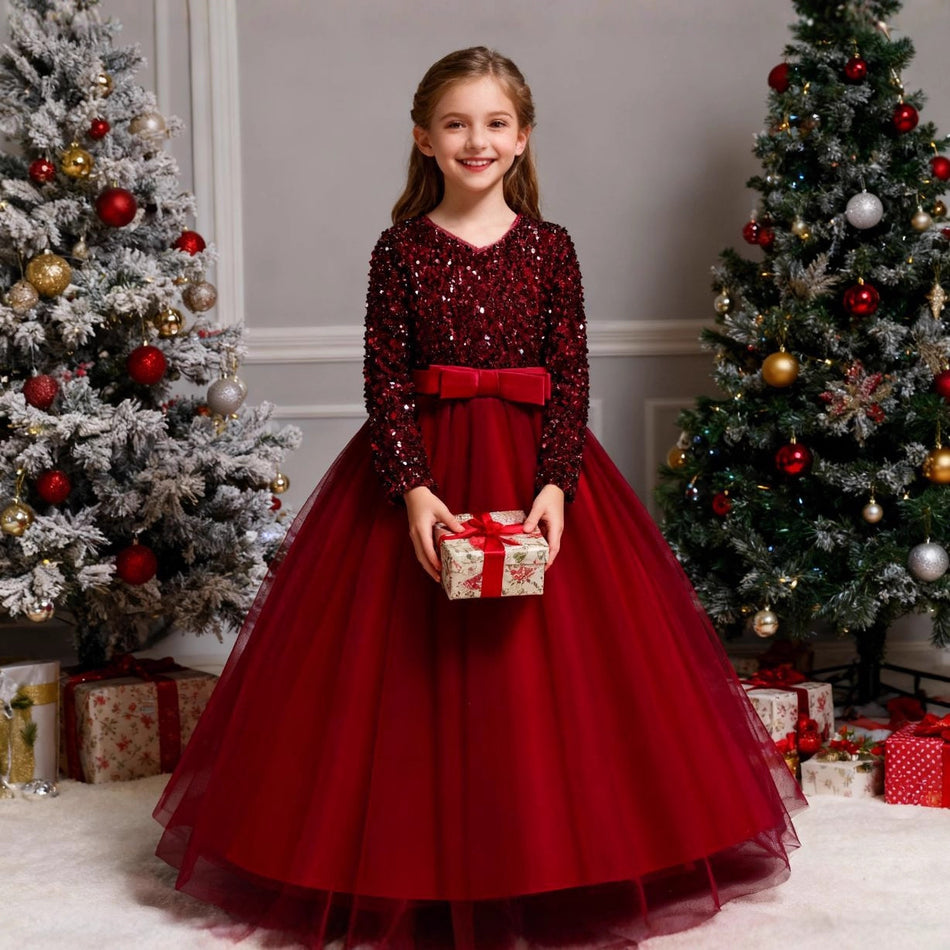 Girls Long Sleeve Sequined Banquet Evening Dress