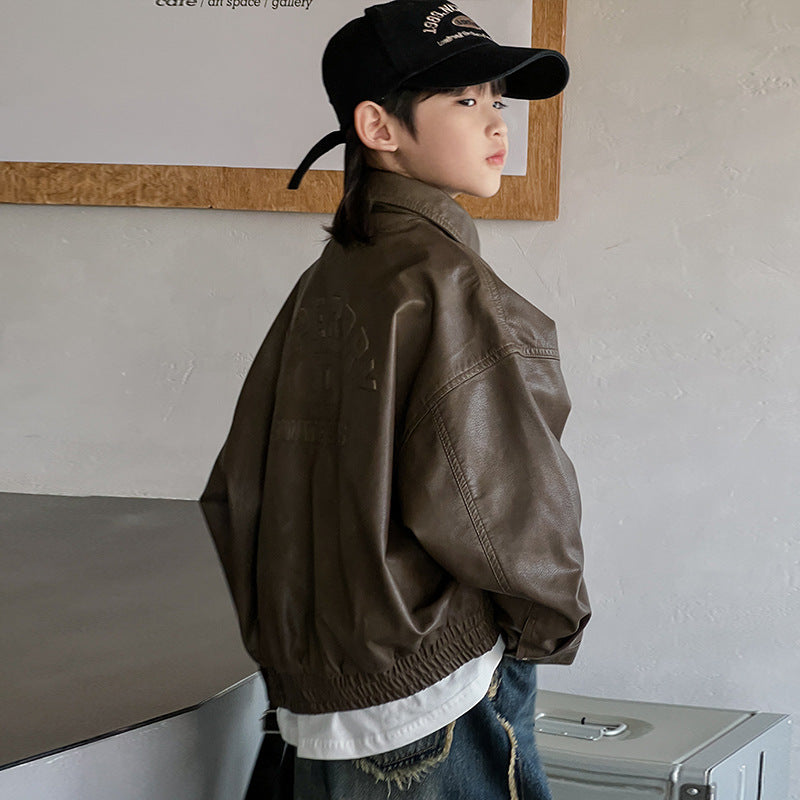 Boys' Leather Jacket Spring and Autumn 2025 New Yipi