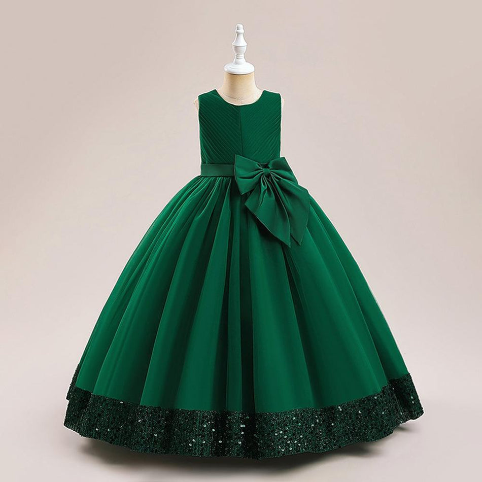 Girls Sequined Bow Princess Flower Girl Party Dress