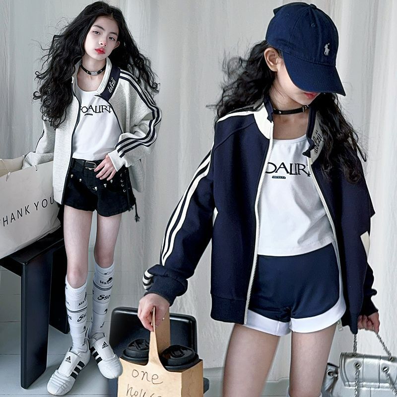 Girls Stand Collar Loose Baseball Jacket